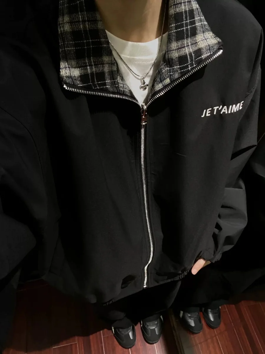 

American Retro Double-Sided Wear Plaid Jaet Coat ex Autumn Winter Trendy Design Cleanfit Baseball orm Women's Sle