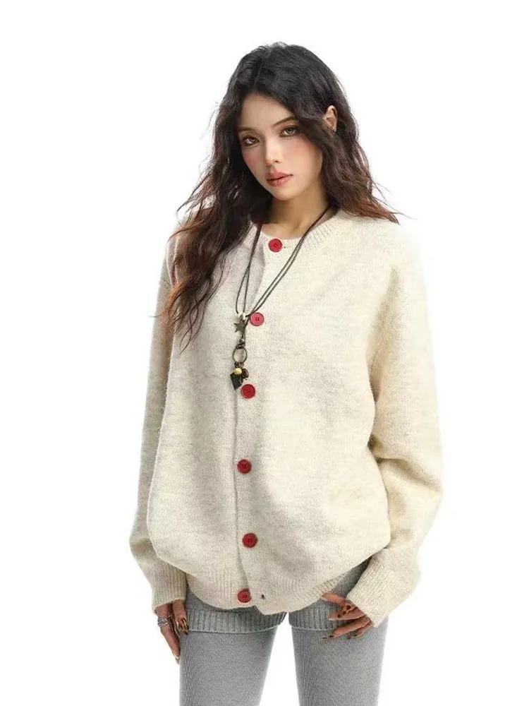 Autumn Patchwork Knit Cardigan Sweater Women Y2K Korean Loose Single Breasted O Neck Jumper Soft Comfortable All Match Knitwear