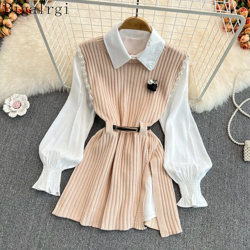 Pearl lantern shirt 2 two piece set women knitted vest 2024 spring autumn womens Long sleeve Shirts sets Sleeveless Sweater tops