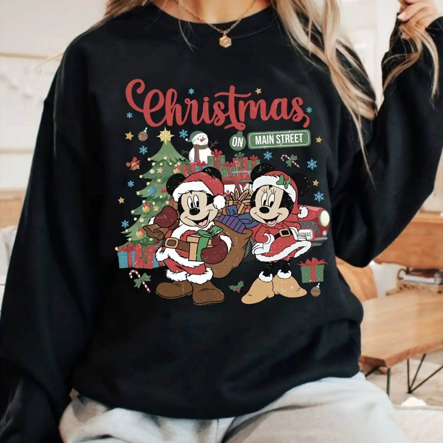 

Женский рождественский пуловер с Микки Маусом Диснея, модный свитер унисекс с круглым вырезом, осенне-зимний флисовый повседневный свитер
