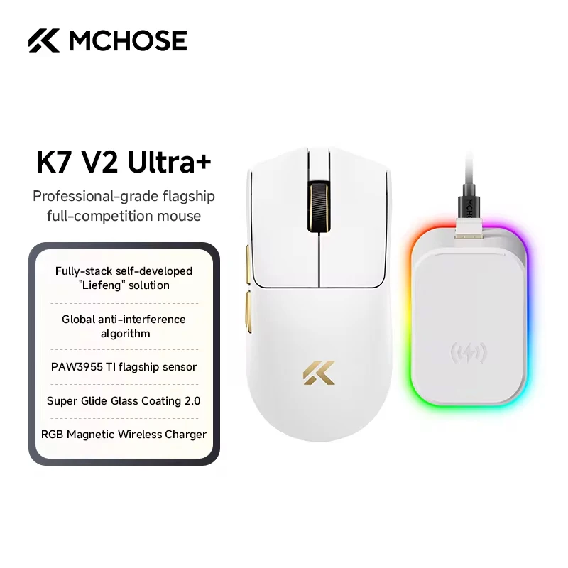 MCHOSE K7 V2 Ultra+ Wireless Gaming Mouse PAW3955 TI 50000 DPI 8K Polling Rate RGB Magnetic Charging Dock Tri Mode Mice PC