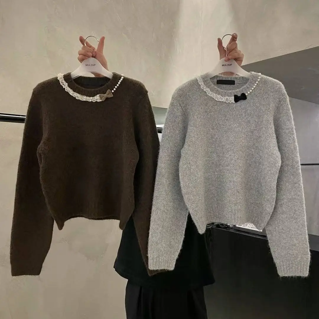 Korejpaa 2024 Autumn Pull Femme Korean Fashion Round Neck Beaded Bow Knitted Sweater Clothes Outwear Casual Long Sleeve Top