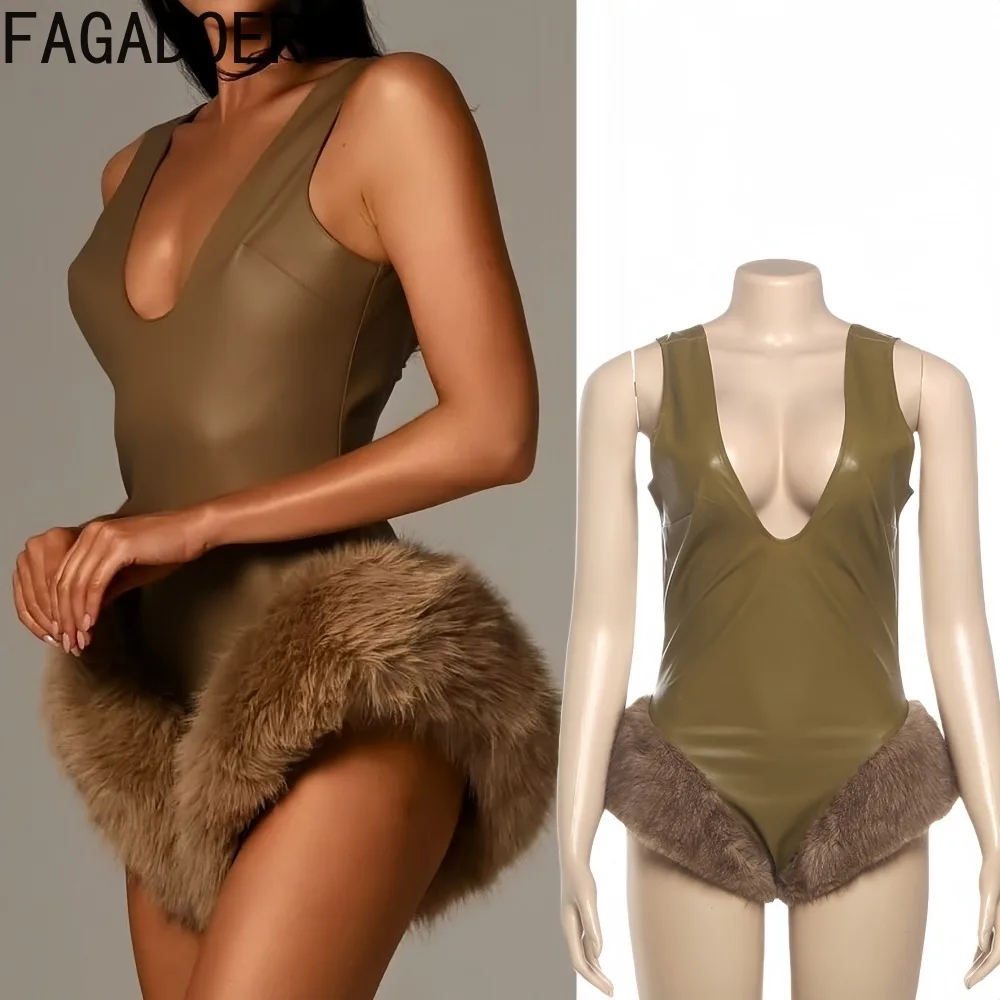 

FAGADOER Sexy Leather Fur Patchwork Bodycon Jumpsuits Woman Spaghetti Strap Backless Rompers Female Streetwear Overalls 2025 New