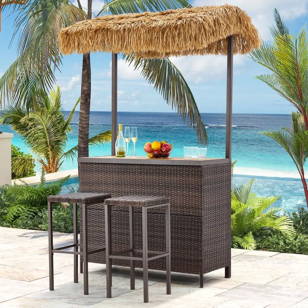 

Outdoor Tiki Bar Set, 3 Pieces Wicker Patio Bar Set w 2 Height Stools, Storage Shelf, Canopy, Plastic Wood Tabletop for Backyar