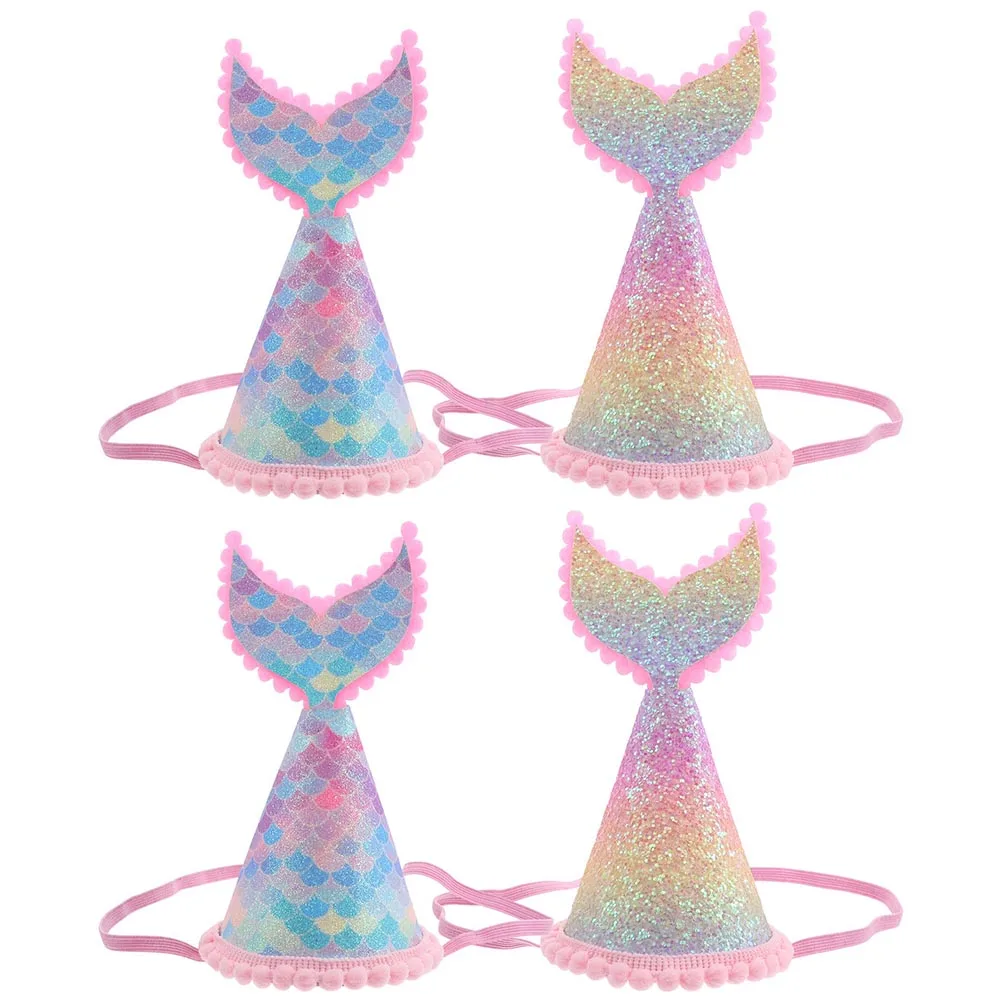 

4pcs Mermaid Hat Kids Party Kid Birthday Hats Hats Elastic Band Shiny Sequins Photo Props Fish Cap Unique Fashion