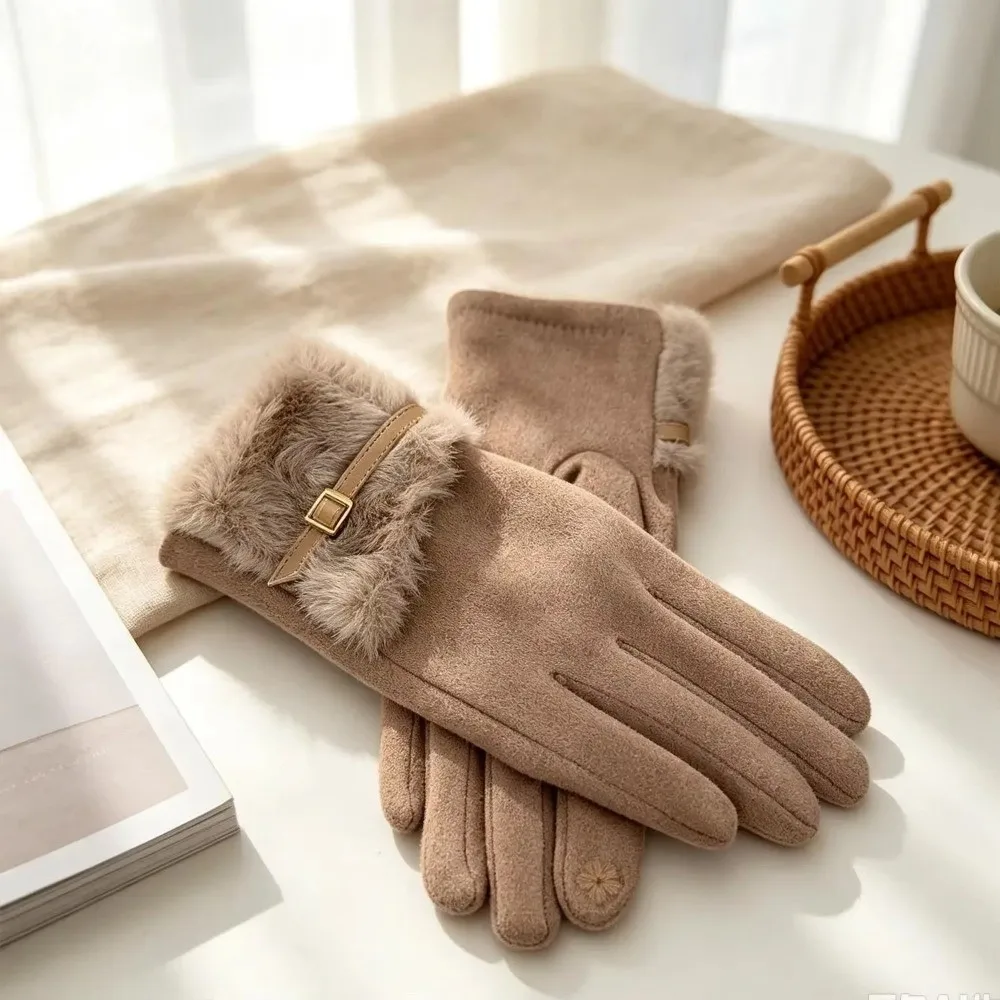 Fashion Windproof Touch Screen Gloves Warm Metal Buckle Decoration Winter Gloves Lining Thick Gloves Women