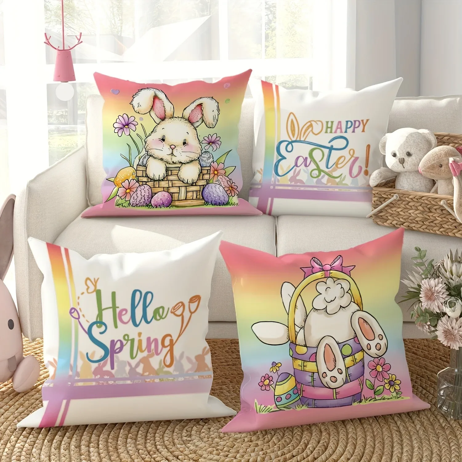 

Happy Easter decoration pillow cover, Rabbit pattern printing sofa cushion cover, home bedroom room decoration