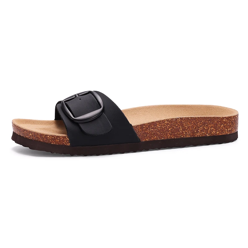 Litfun Women's Cork Sandals, Leather Flat Slides For Beach With Adjustable Buckle_voghion.com