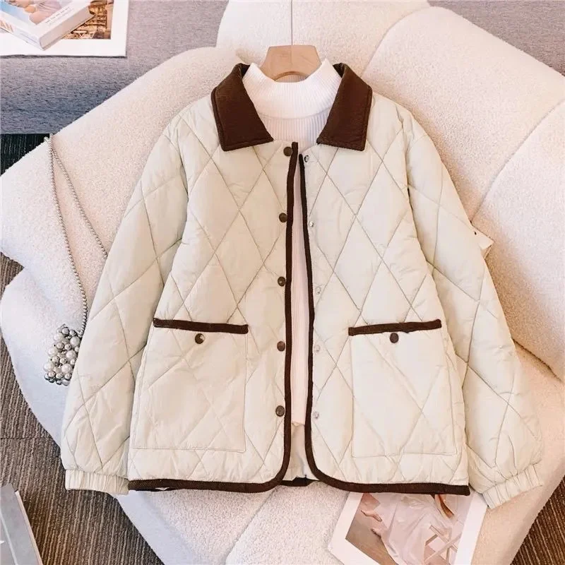 2026 New Cotton Jacket Small Fragrant Style Lightweight Cotton Coat Winter Corduroy Contrasting Color Diamond Grid Jacket