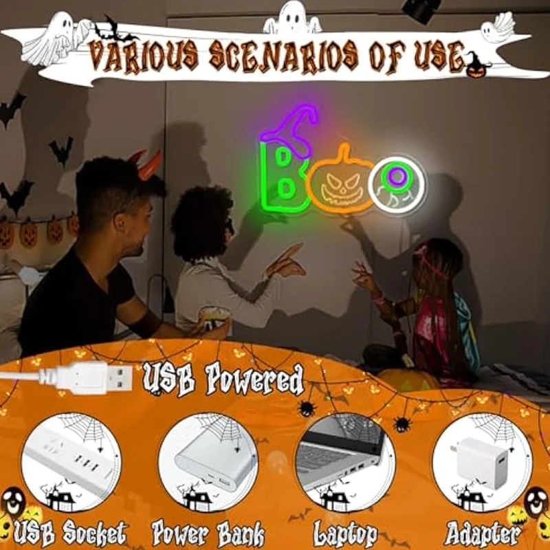 Halloween Witch's Hat Boo Pumpkin Neon Sign Dimmable Boo Lights for Wall Decor for Bedroom Window Party Light Up Gift