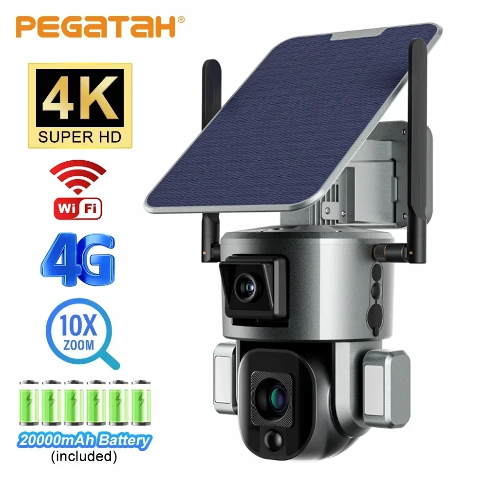 PEGATAH 4K 10X 4G Wifi Outdoor Solar IP Camera Wireless Dual Lens Solar Panel Human Detect P2P Security Surveillance PTZ Cameras