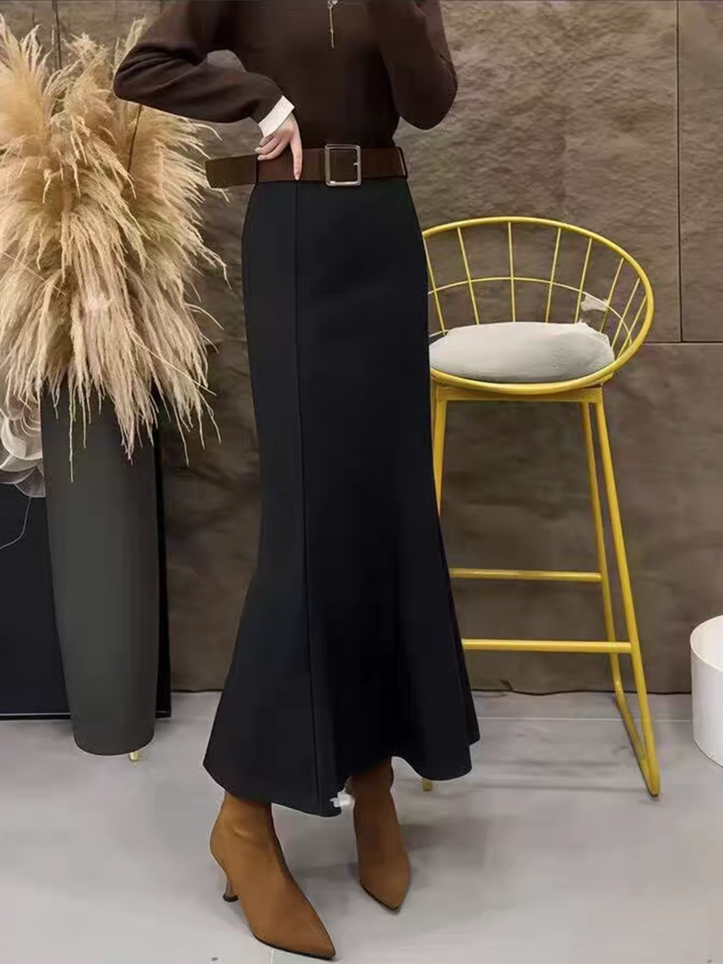 

Thiened Woolen Fi Tail Skirt for Women High Waist Autumn Winter New Sle Casual Sle Conceal Meat Slimming Mid-Length H...