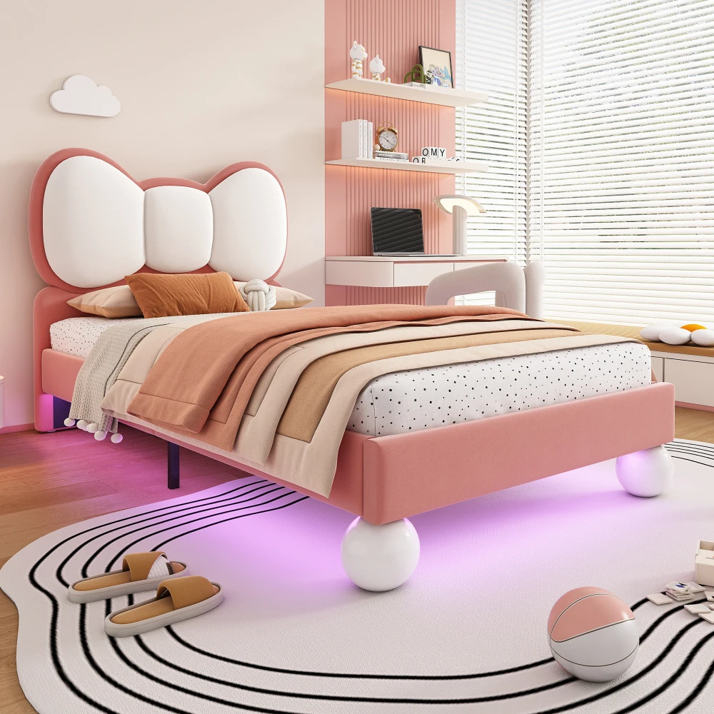 PINGGO Kinderbett, Einzelbett, 90 x 200 cm, Samt-Kopfteil in Fliegenform, Farbe, verstellbares LED-Licht, stabile Latten, ohne Matratze – Detail 7