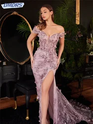 Vestido De Noche elegante con hombros descubiertos, Vestidos sexys con abertura lateral, vestido De fiesta Floral 3D con estilo, Vestidos De Novia 2024