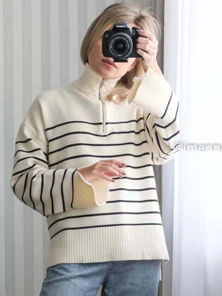 

Women Sweater 2023 New Fashion Stripe Loose Knitting Sweaters Long Sleeve Asymmetry Female Pullover Tops