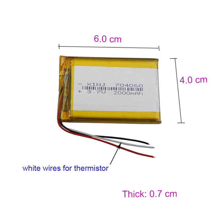 3.7V 2000mAh 7.4Wh Rechargeable Li-polymer Li Lithium Battery 704060 JST 3Pin 1.0 1.25 1.5 2.54 Connector 3-Wires Thermistor