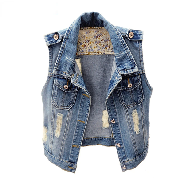 

Single Breasted Women Denim Jacket Vest Short Outerwear Large Size Sleeveless Slim Hole Jeans Jacket Waistcoats Casual Tops 6XL