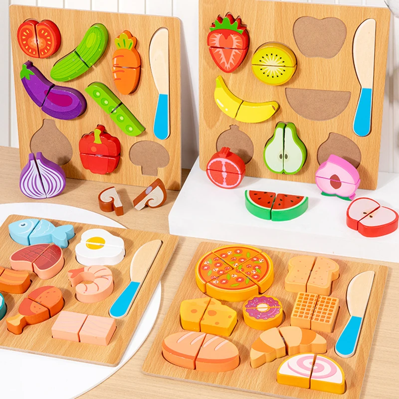 Montessori Wooden Puzzle Baby Toy Children Kitchen Fun Cutting Fruits Vegetables Play Toy Education Development Cognitive Puzzle