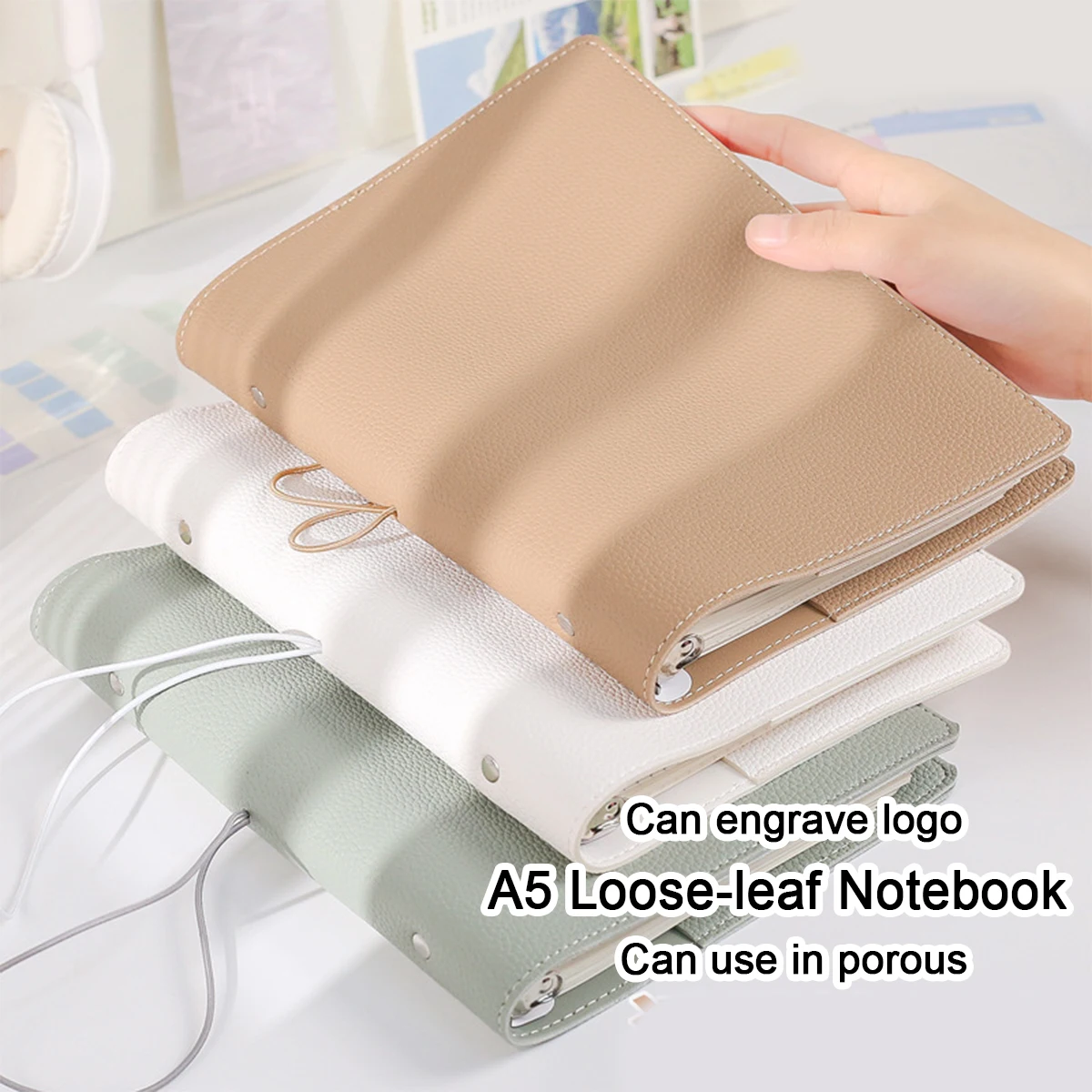 (Can Engrave Logo) A5 Loose-leaf Leather Subject Notebook, Student Notepad, Business Meeting Recordbook, Replaceable Inner Page
