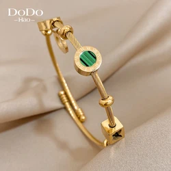 DODOHAO Stainless Steel Luxury Famous Brand Roman Numeral Bangle Bracelet Charm Golden Green Stone Cable Wire Cuff Bracelets