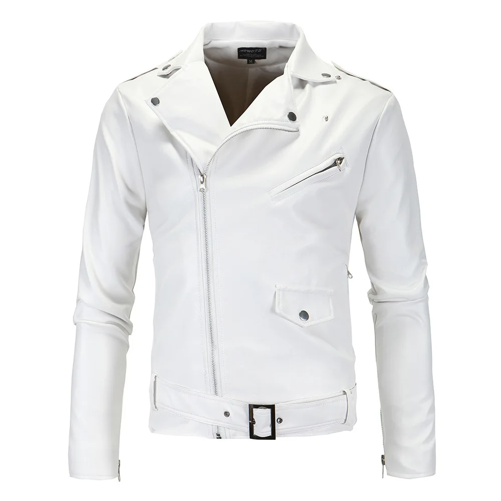 New Motorcycle Slim Leather Jacket Vertical Collar Cutting Oblique Zipper Leather Jacket Leather Jacket