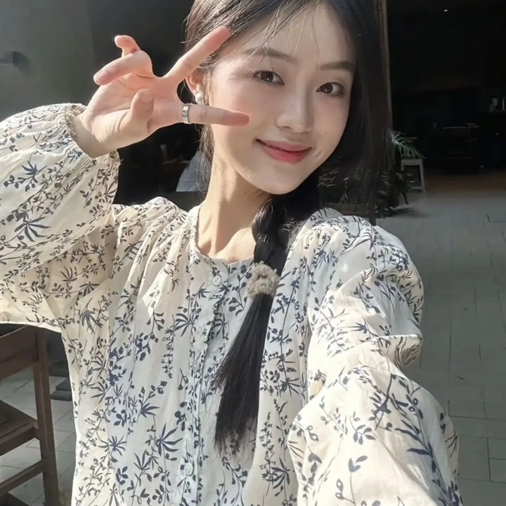 

Милая блузка с пышными рукавами в корейском стиле, свободная блузка с цветочным принтом, повседневная рубашка-кардиган в стиле ретро для женщин и девочек