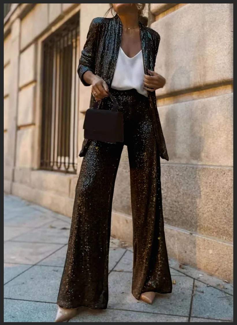 Sequin Suit For Women Long Sleeve Loose Blazer High Waist Wide Leg Pants 2024 New Fashion Bling Sparkly Sets