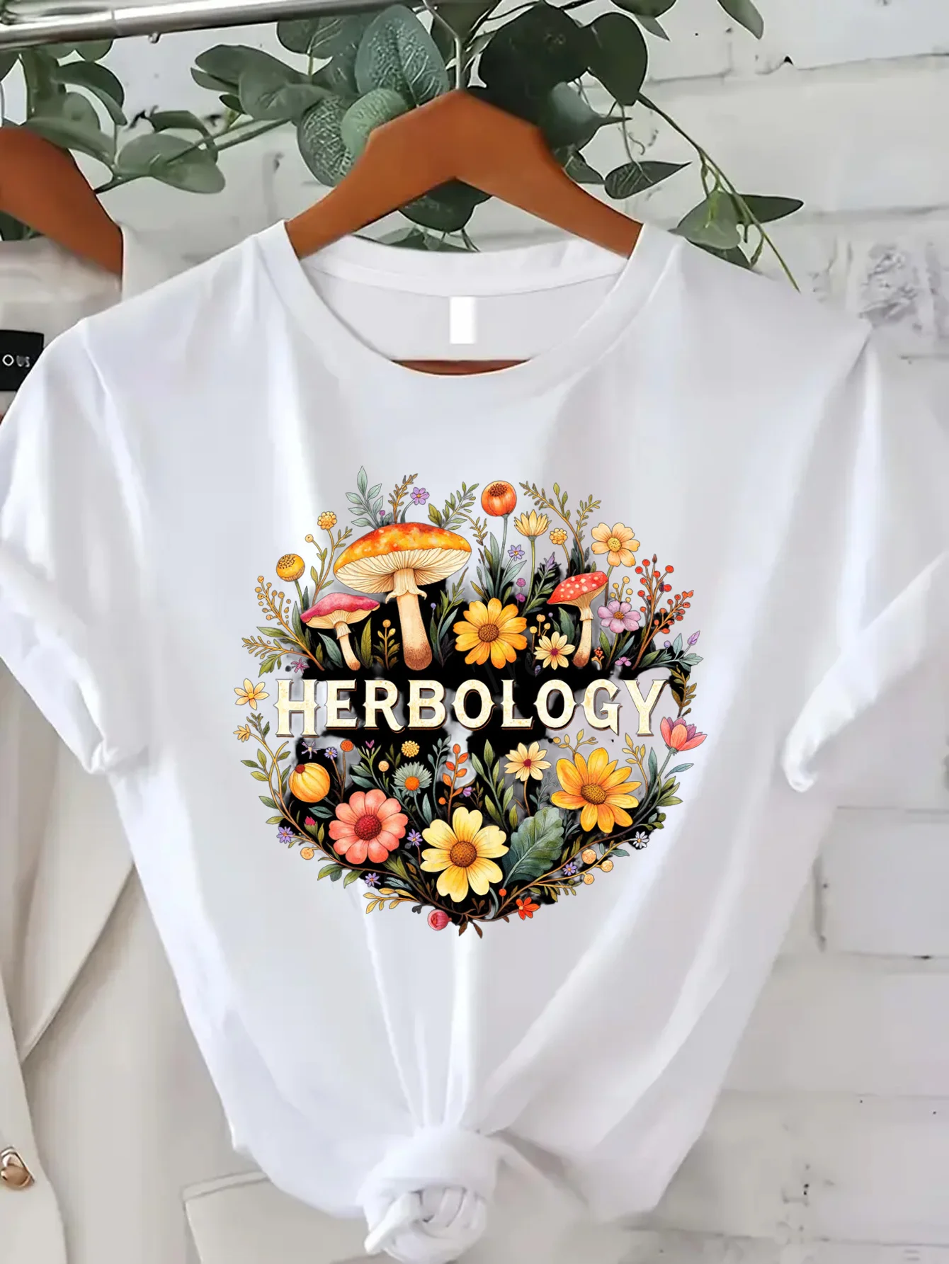 

Удобная женская футболка с принтом, женская футболка с гербиологическим цветочным грибом и грибами, футболка для любителей природы