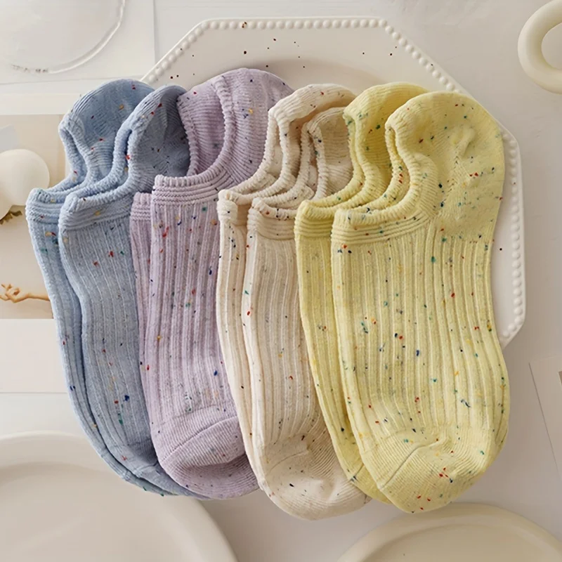 

5-Pair Women's Slub Yarn Socks - Thin Summer Design, Low-Cut Invisible Socks, Anti-Slip & Heel-Stay