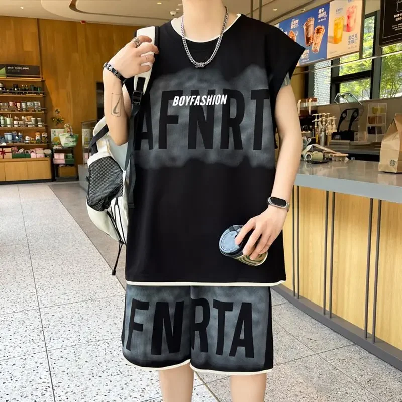

Oversized T-shirts Shorts Suits for Men Nylon Graphic Alphabet Vest Print Fashion 2025 Stretch Original Brands Chic Tee Man Sets