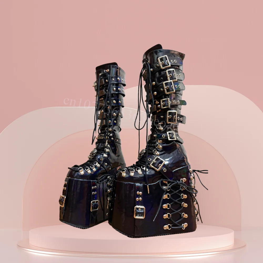 

Cross Tied Thick Sole Boots Buckle Belts Knee High Shoes for Women Patent Leather Punk Style Shoes 2025 Zapatos Para Mujere