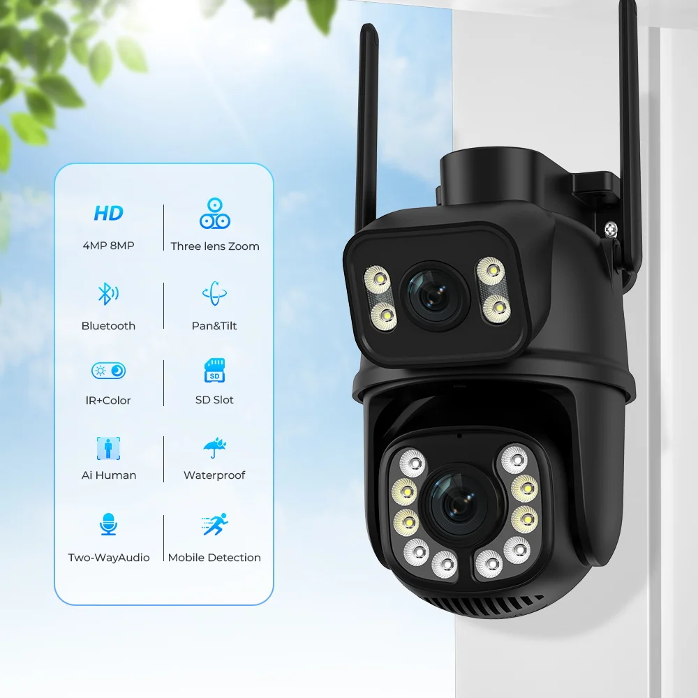 Outdoor Wireless Security IP Camera 4K 8MP HD Dual Lens External Wifi PTZ Camera Auto Tracking Street Surveillance Camera iCsee