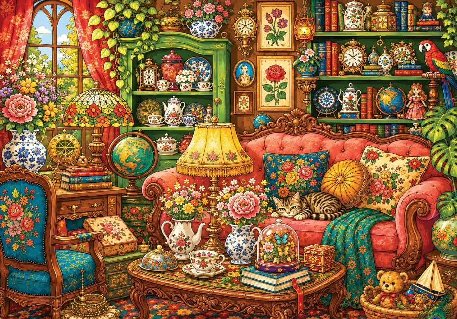 Jigsaw Puzzle 500/1000/1200/2000PCS Charming Retro Cozy Room Cat And Antique Decor DIY Puzzle Home Wall Art Decor