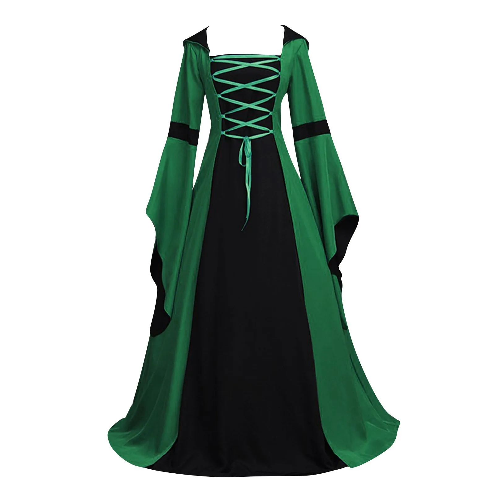 

Women's European American Medieval Vintage Hooded Dress Square Neck Tie Bell Sleeve Flared Skirt