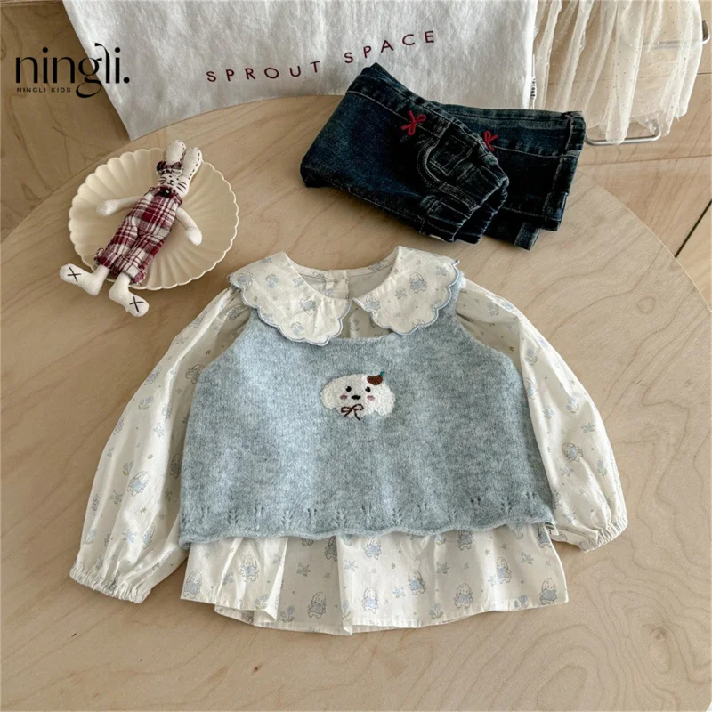

Girls' Shirt and Vest Set Spring and Autumn New Fashionable Stylish Girl Baby Children's Early Autumn Outfit Clothes