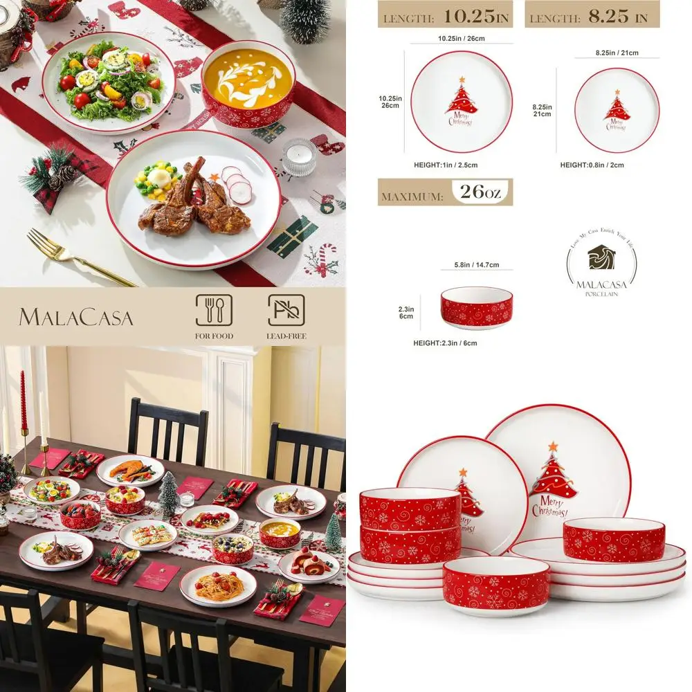 

Christmas 12-Piece Porcelain Dinnerware Set for 4, LUNA-Themed Ceramic Plates and Bowls, Safe for Microwave and Dishwasher
