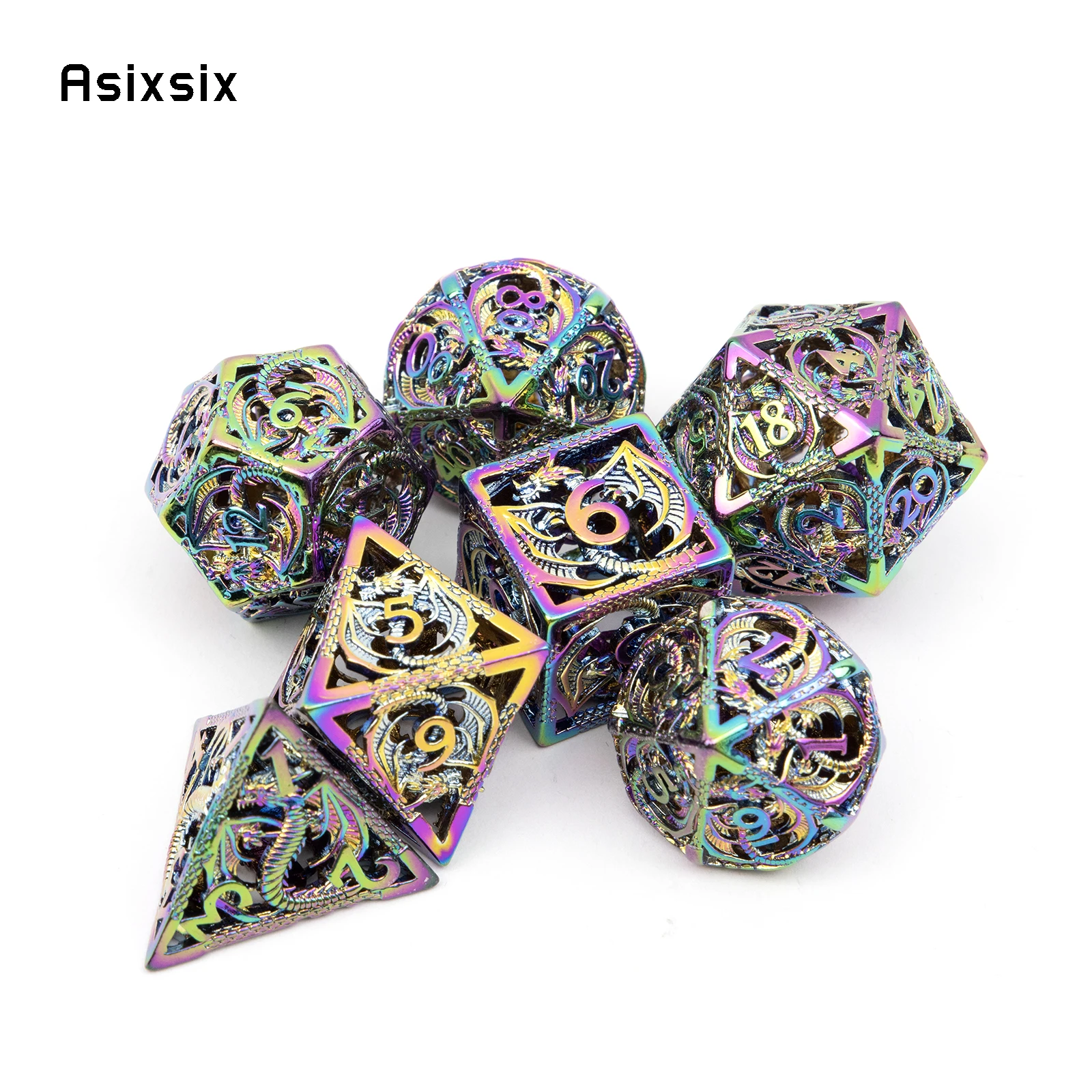 7 Pcs Silver Colorful Dragon Metal Dice Hollow Metal Polyhedral Dice Set Suitable for Role-Playing RPG  Board Game Card Game