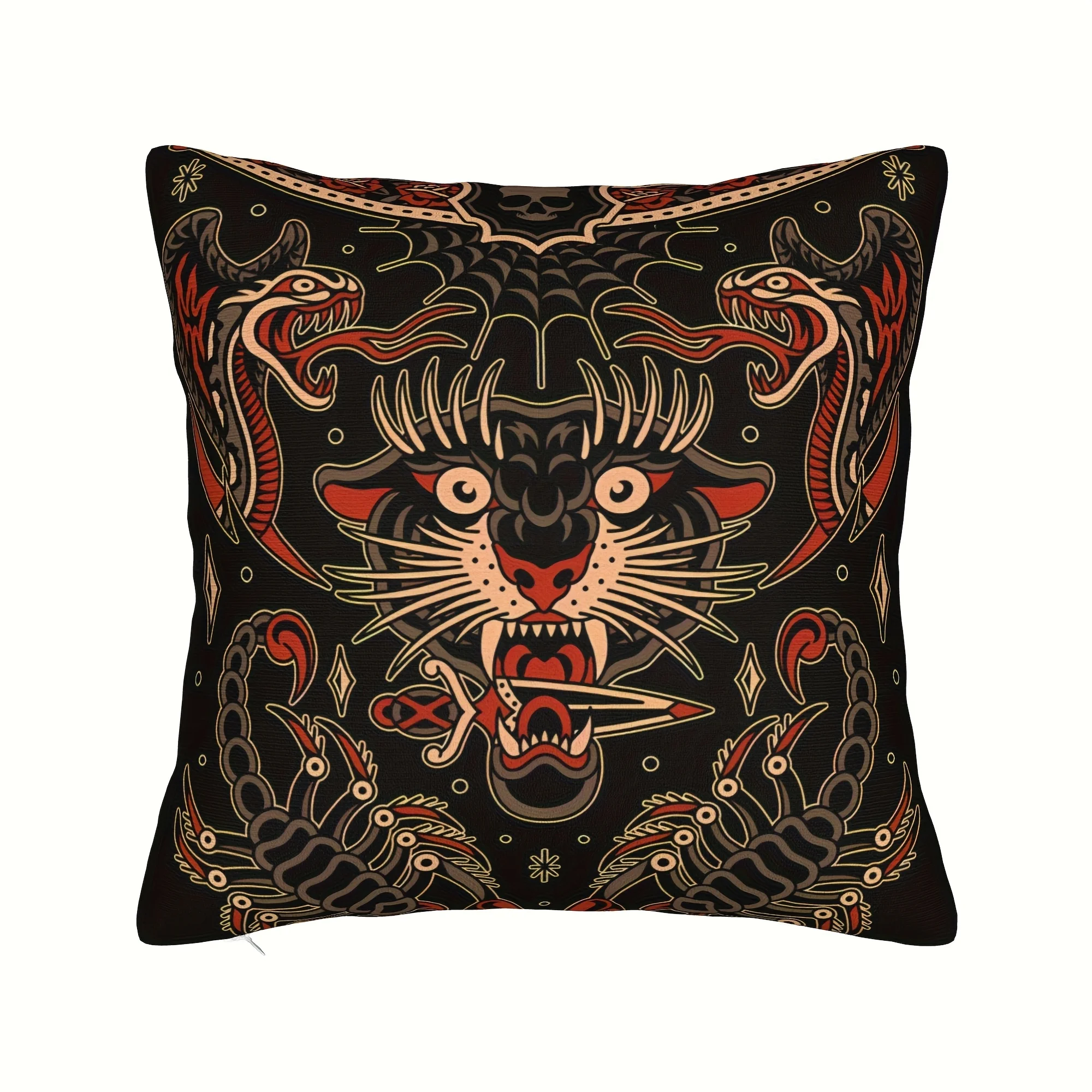 Vintage Tattoo Tiger Snake Double Sided Cushion Cover, Asian Graphic Art Pillowcase for Home Sofa Bedroom Decor, 1PC