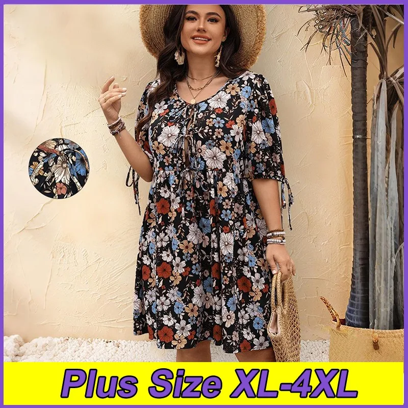 

Spring and Summer Plus Size Dresses For Women Lightweight And Breathable Printed Dress XL-4XL Lady Leisure Vacation Style Frock