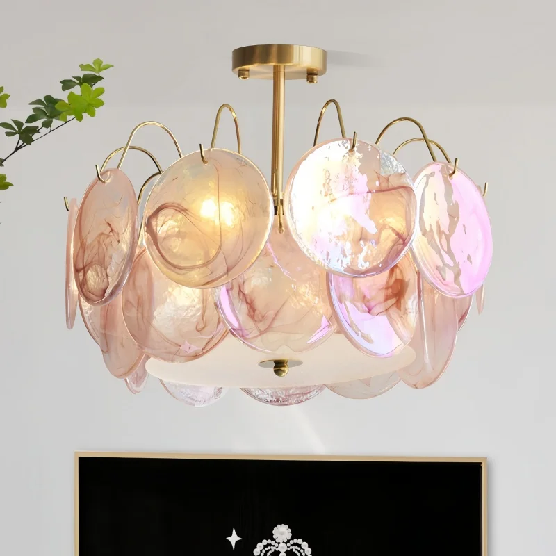 مورانو الوردي الزجاج الثريات جولة الملونة ثريا تركب بالسقف الفرنسية الفاخرة بريق قلادة ضوء لغرفة المعيشة غرفة نوم فيلا #2