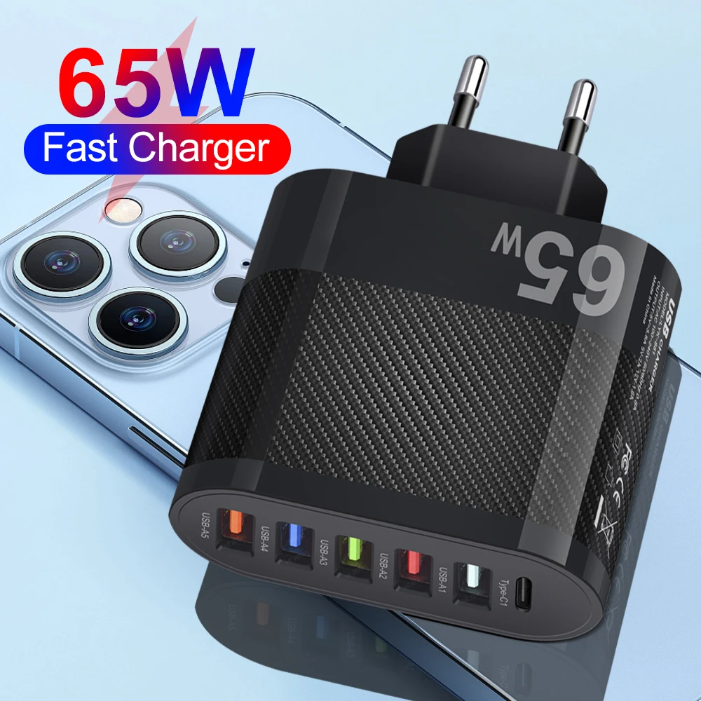 

65W USB Charger USB Type C Mobile Phone Charger Adapter For iPhone 15 14 13 12 Samsung Xiaomi Huawei US/EU/UK USB Charging Plug