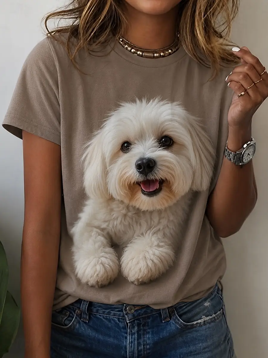 Women's Spring Summer 3D Printed Crew Neck T-Shirt, Sketch Line Yorkshire Terrier Dog Portrait Print Casual Daily Tee