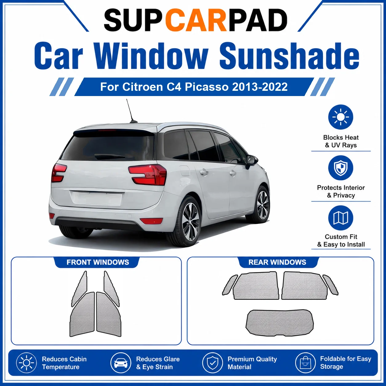 For Citroen - Citroen C4 Picasso 2013-2022 Full Set Car Window Sunshades UV Block Privacy Heat Insulated Foldable Car Curtain