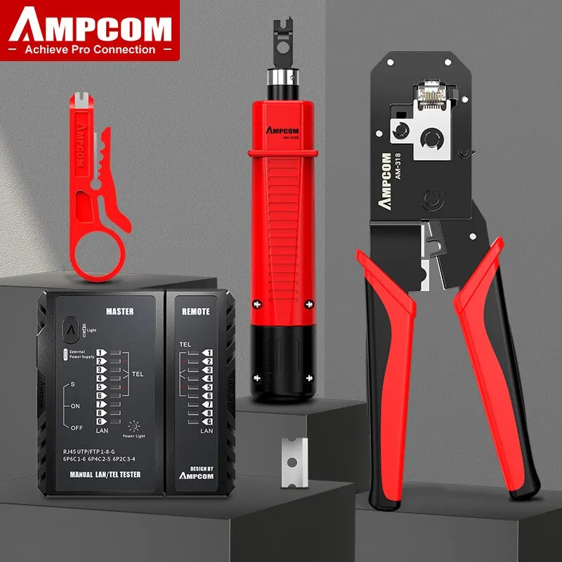 AMPCOM RJ45 Crimper Lan Tester Tool Set Ethernet Cable Stripper Punch Down Tool RJ 45 RJ11 Connector Network Cabling Repair Set