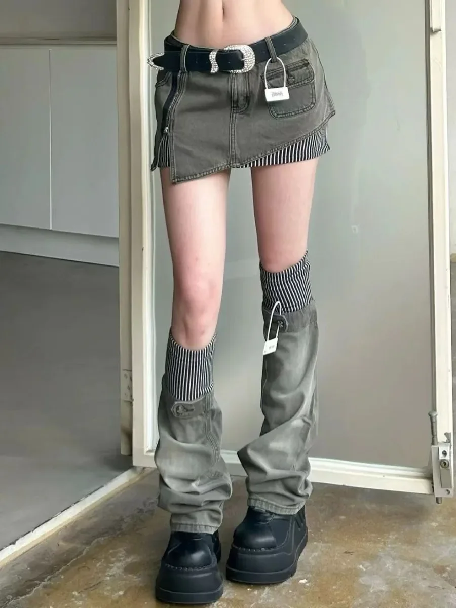 

Американские джинсовые юбки в полоску в стиле ретро Y2k, нерегулярная юбка с высокой талией для женщин + гетры, новые весенние комплекты из двух предметов