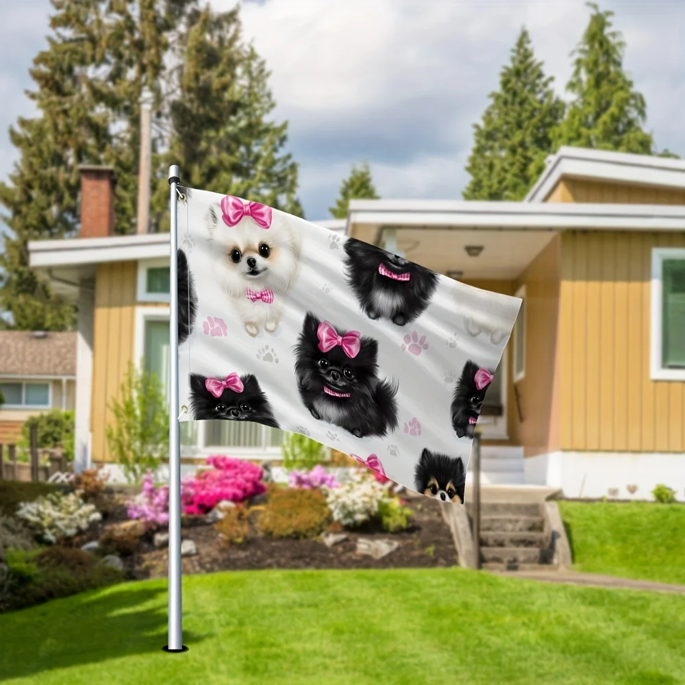 Cute Pomeranian Dogs Pattern Polyester Garden Flag Outdoor Indoor Decor House Banner