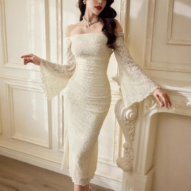 

2025Autumn New Off-Shoulder Lace Flared Sleeve Ruffled Trim Slim Fit Long Dress Gown