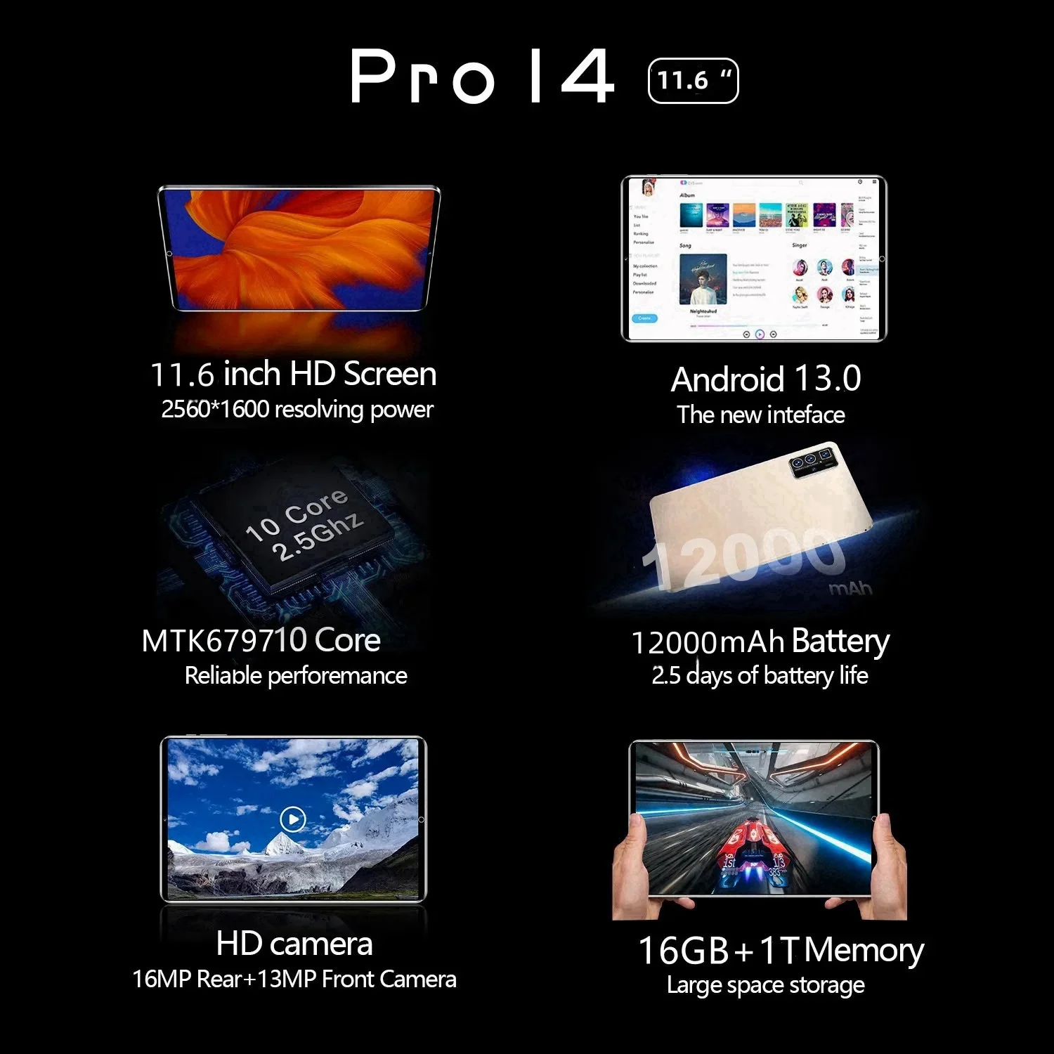 Fotografia 4: 2025 novo 11.6 Polegada tablet original android13 16gb ram 1tb rom duplo sim 10 núcleo wps gps bluetooth 5g rede chamada telefônica tablet pc