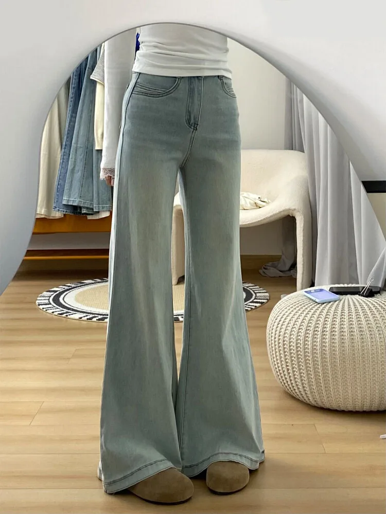 

Светло-голубые джинсовые джинсы Bell Bot, женские утягивающие свободные широкие брюки с высокой талией, повседневные брюки-колокольчики с высокой талией