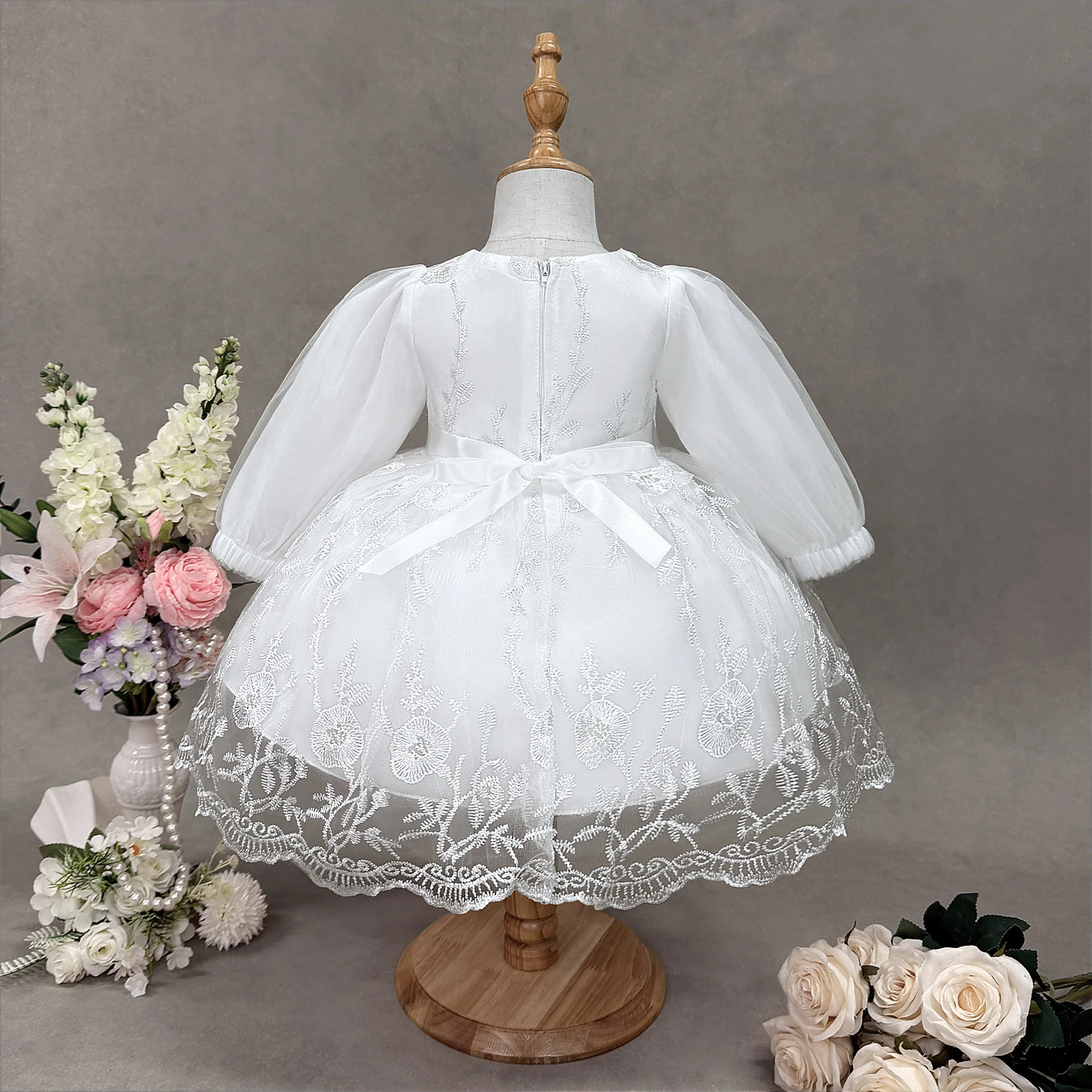 Long Sleeve Baptism Party Baby Girl Dress Toddler Flower Lace 1st Birthday Princess Prom Dresses Girls Bridesmaids Wedding Gown